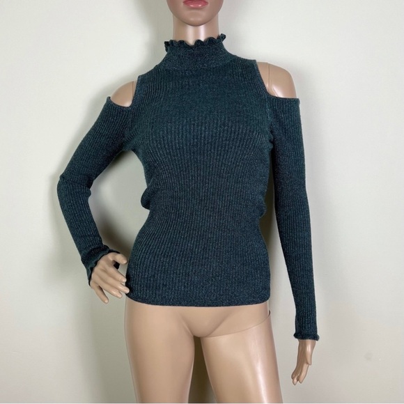 REBECCA TAYLOR METALLIC GREEN COLD-SHOULDER TOP - Picture 2 of 7